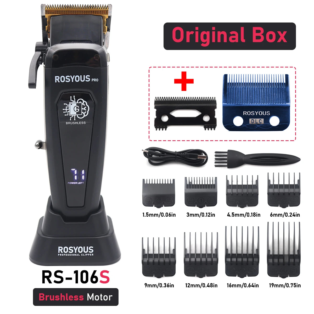 Professional Hair Clipper Brushless Motor DLC Blade with Base Charger LED Display Hair Cutting Machine Hair Trimmer for Men 106
