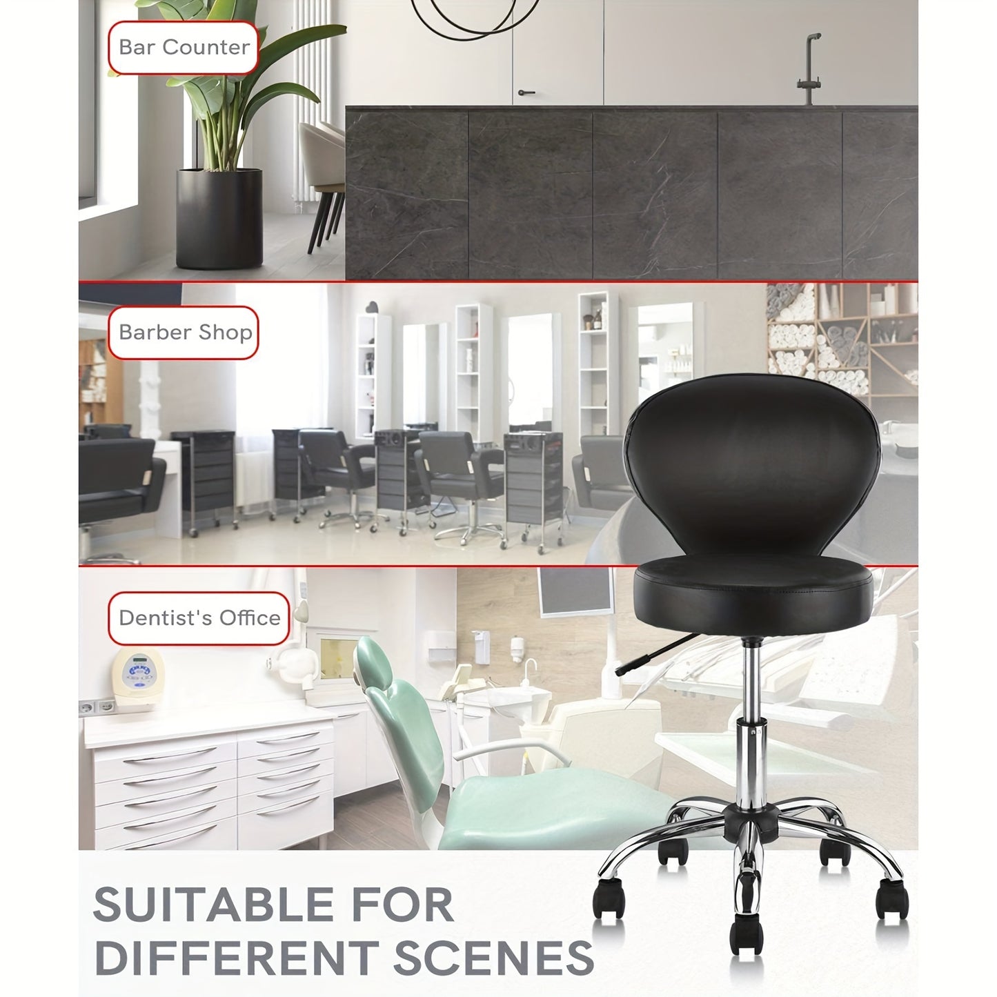 PVC Faux Leather Rolling Swivel Salon Stool Chair with Back Support Adjustable Hydraulic Seat Height 22 in Diameter 15 Inch for Office Massage Facial Spa Medical Drafting Tattoo Beauty Barber