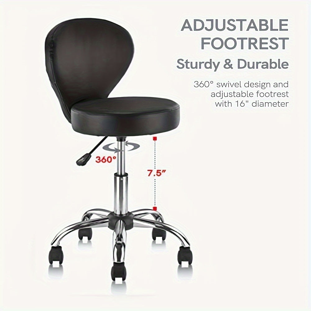 PVC Faux Leather Rolling Swivel Salon Stool Chair with Back Support Adjustable Hydraulic Seat Height 22 in Diameter 15 Inch for Office Massage Facial Spa Medical Drafting Tattoo Beauty Barber