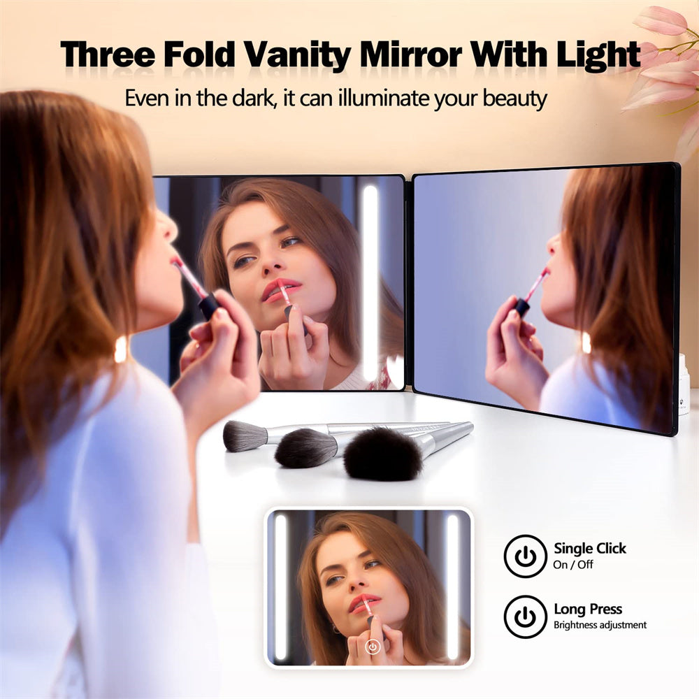LED 3 Way Mirror For Self Hair Cutting Mirror Makeup Mirror Barber Supplies Accessories 360 Vanity Mirrors With Light Trifold Mirror To See Back Of Head