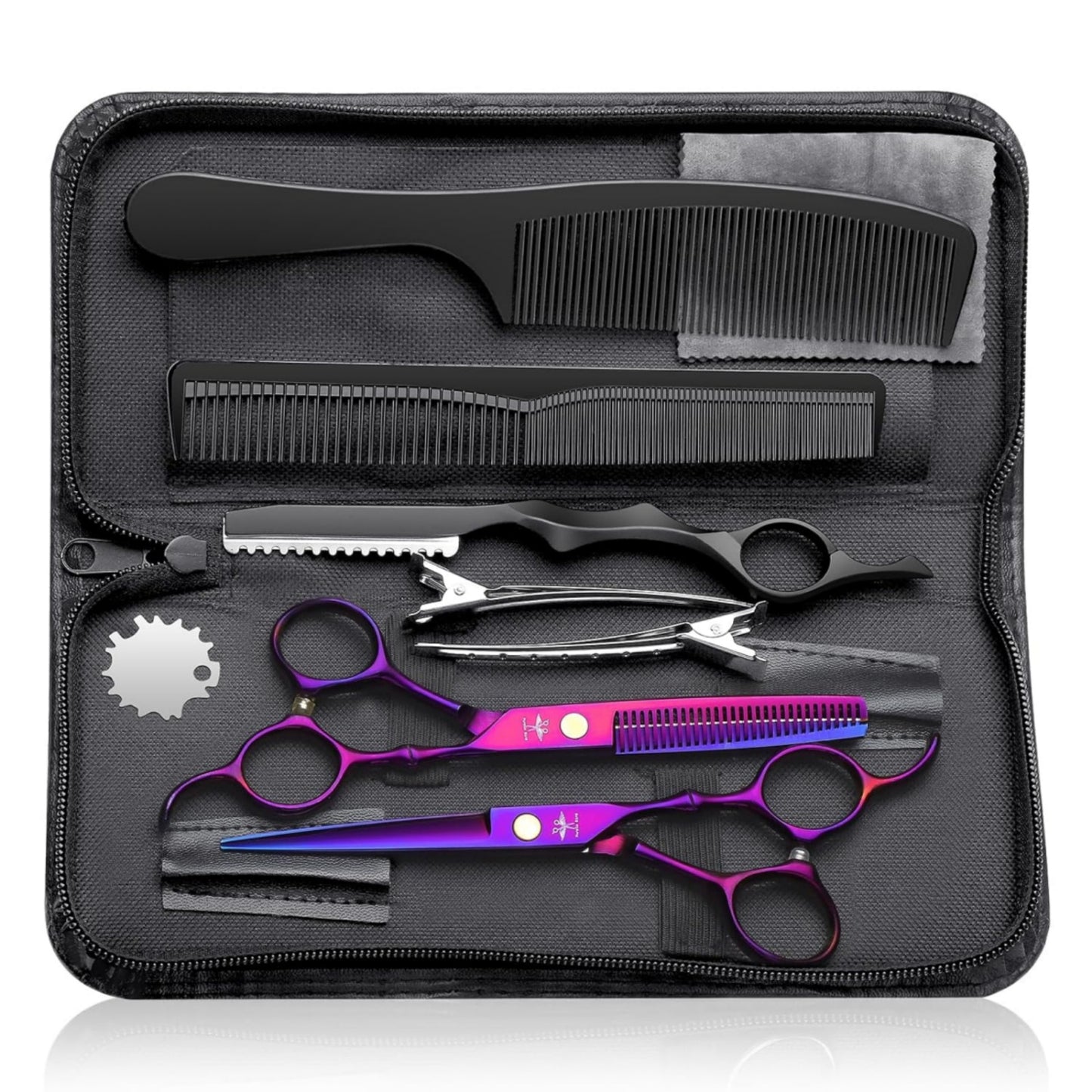 Hair Triming Scissors Kit, Professional Barber Scissors Hairdressing Shears Set with Stainless Steel Hair Scissors Thinning Scissors for Men Women Pet 10Pcs Purple