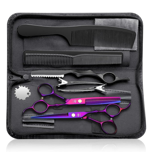 Hair Triming Scissors Kit, Professional Barber Scissors Hairdressing Shears Set with Stainless Steel Hair Scissors Thinning Scissors for Men Women Pet 10Pcs Purple