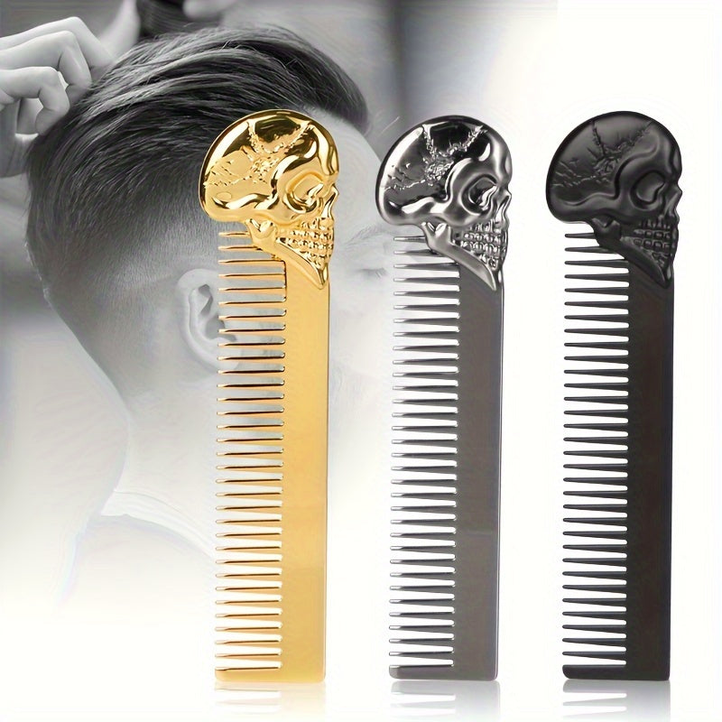 1pc Skull Zinc Alloy Hair Comb, Beard Styling Comb For Men, Wide Toothed, Gentle On Scalp, Portable Barber Hairdressing Comb