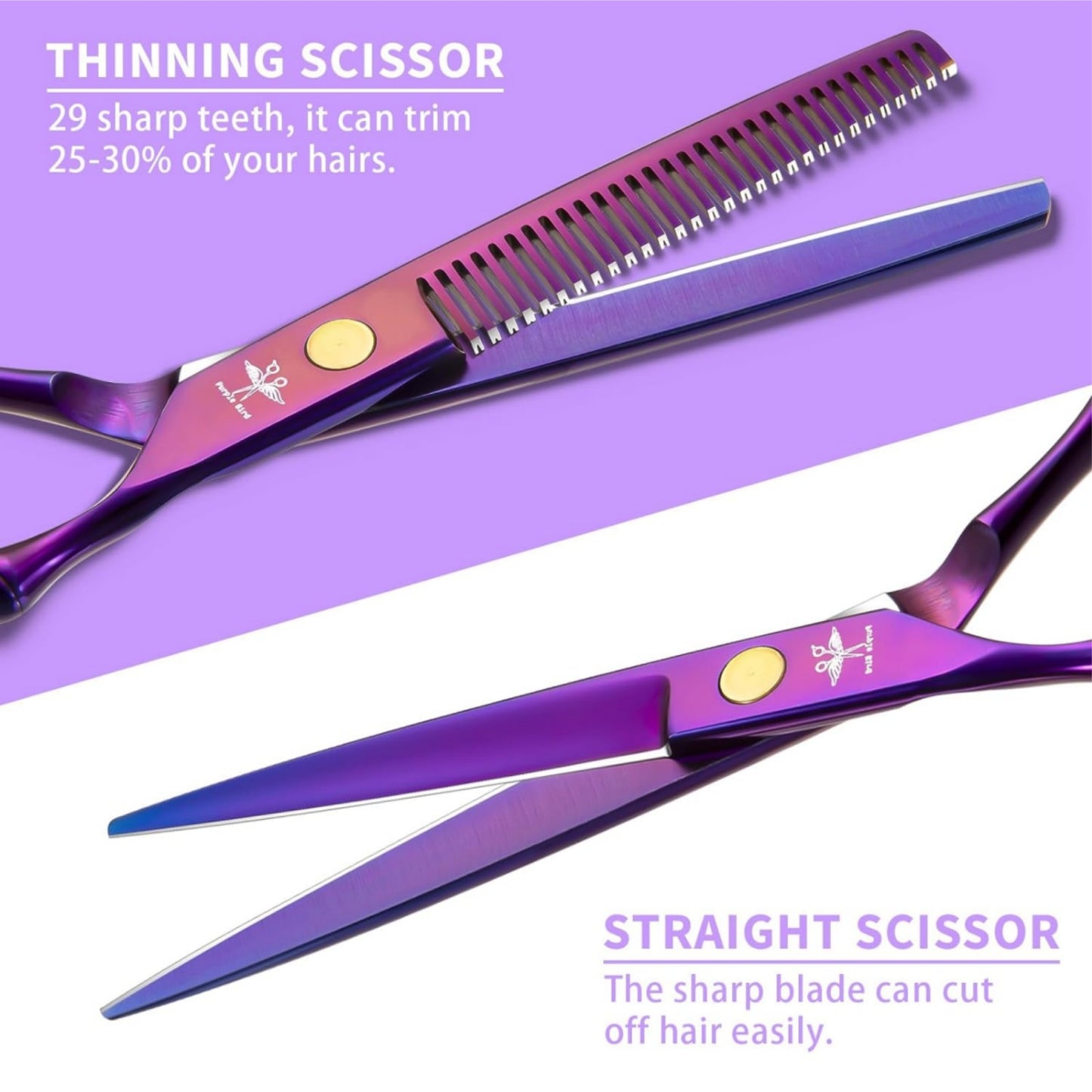 Hair Triming Scissors Kit, Professional Barber Scissors Hairdressing Shears Set with Stainless Steel Hair Scissors Thinning Scissors for Men Women Pet 10Pcs Purple