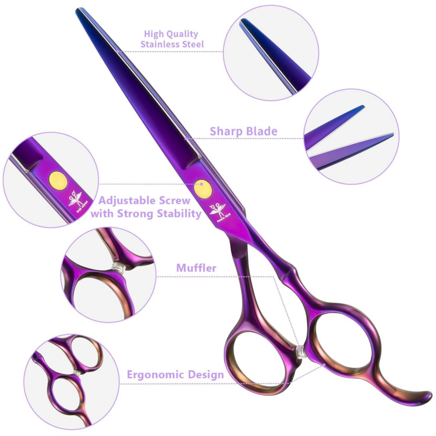 Hair Triming Scissors Kit, Professional Barber Scissors Hairdressing Shears Set with Stainless Steel Hair Scissors Thinning Scissors for Men Women Pet 10Pcs Purple