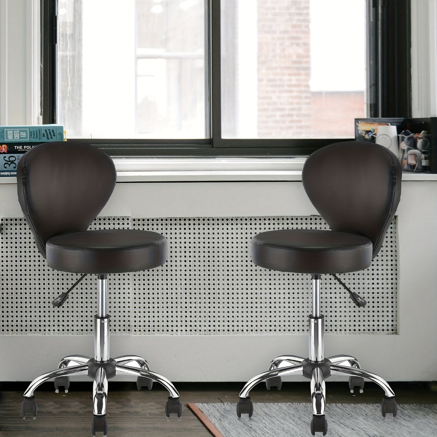 PVC Faux Leather Rolling Swivel Salon Stool Chair with Back Support Adjustable Hydraulic Seat Height 22 in Diameter 15 Inch for Office Massage Facial Spa Medical Drafting Tattoo Beauty Barber