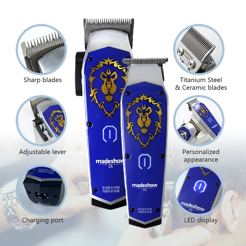 Madeshow D6 Professional Clipper Set - 7200RPM Ceramic Blade, 2200mAh Battery, All-Metal Body for Barber Fading & Trimming