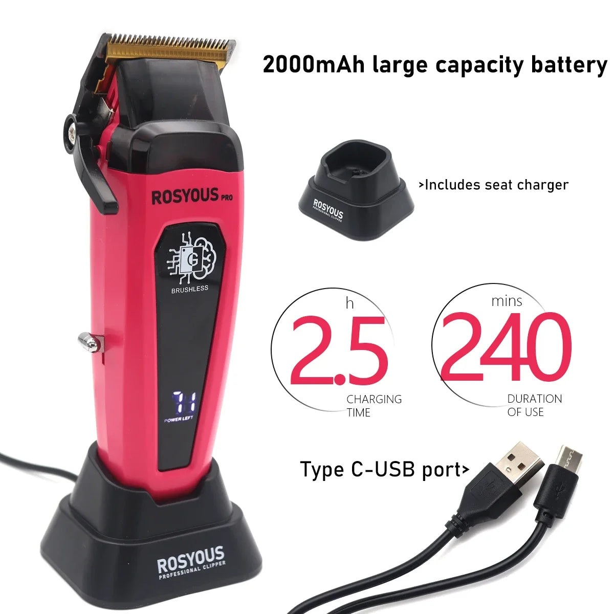 Professional Hair Clipper Brushless Motor DLC Blade with Base Charger LED Display Hair Cutting Machine Hair Trimmer for Men 106