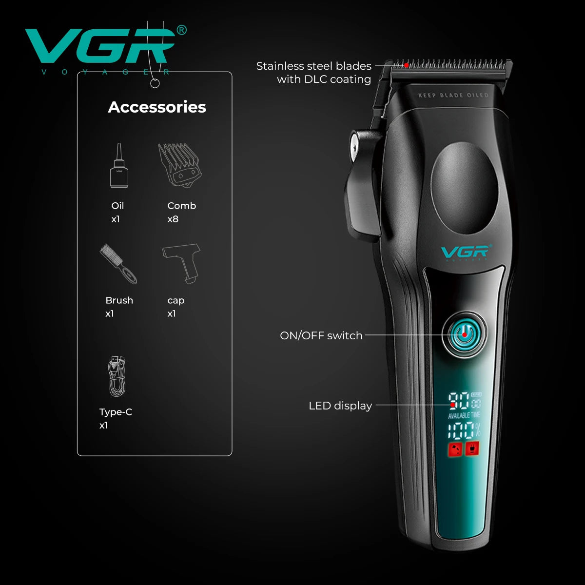 VGR New High end Hair Clipper Metal Body Titanium Alloy Sharp Blade Hair Trimmer LCD Intelligent Digital Shaving Machine V-195