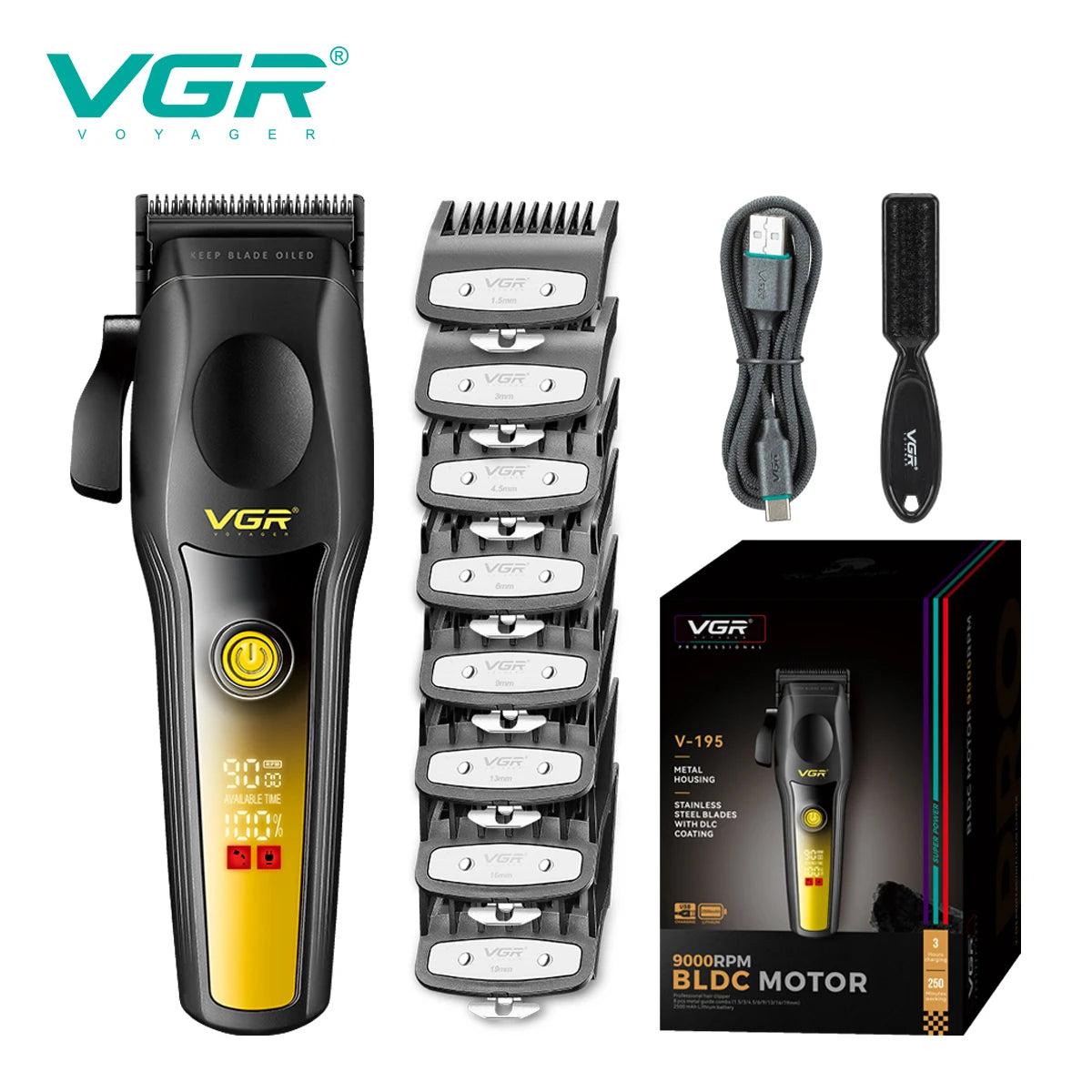 VGR New High end Hair Clipper Metal Body Titanium Alloy Sharp Blade Hair Trimmer LCD Intelligent Digital Shaving Machine V-195