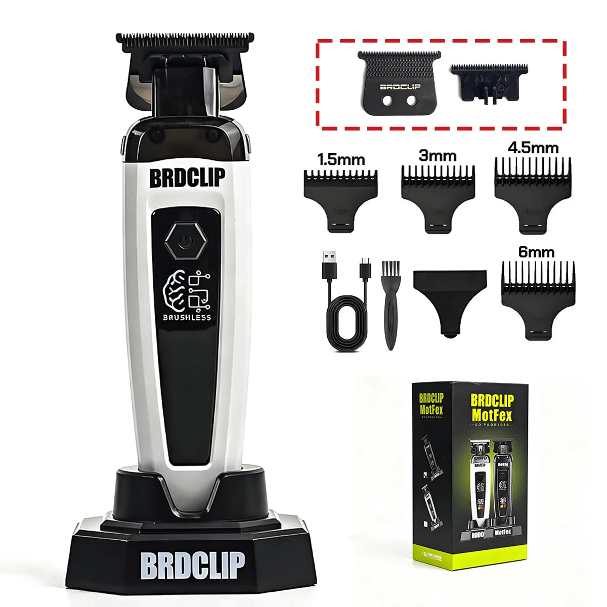 Brushless Motor 7500RPM Professional Electric Hair Trimmer DLC Blade with Base 2000mAh BRDCLIP Barber Shop Hair Clipper BRD 116